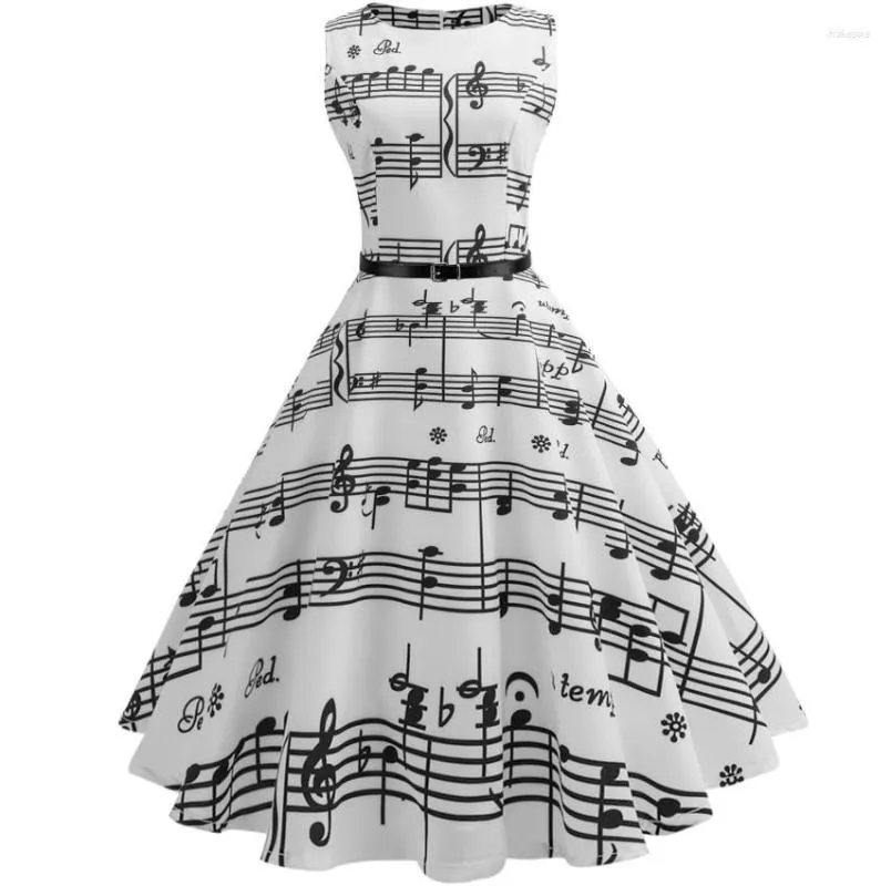 Vestidos casuais Mulheres vintage plus size Music Notes Imprima um vestido de linha sem mangas Retro Swing Party Robe Femme Summer Vestidos