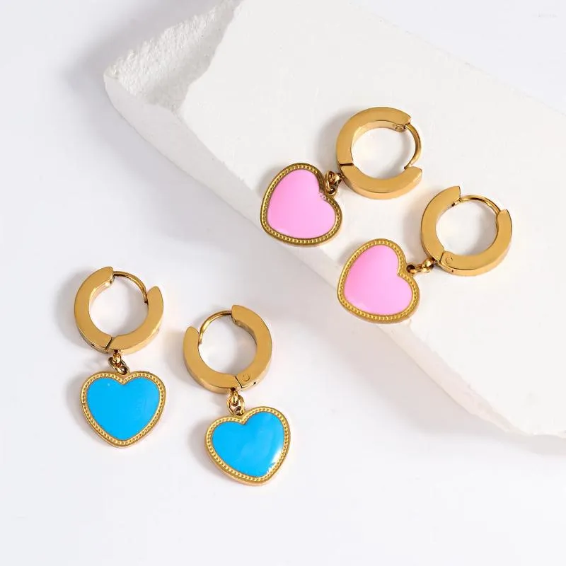 Hoop Earrings Greatera Pink Blue Enamel Heart Stainless Steel For Women Love Pendientes Golden Trendy Jewelry