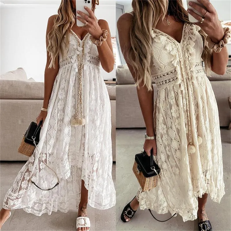 Casual klänningar kvinnor spetsar hem klänning djupt v-hals ärmlös strandkläder sommar kjol beige/ vit