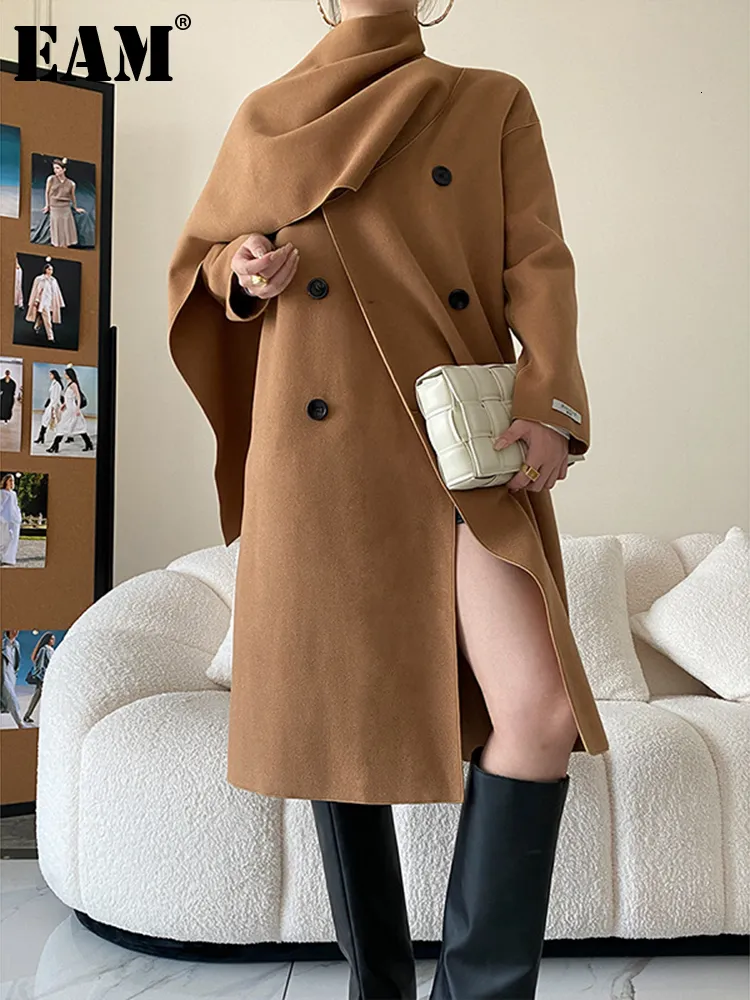 Women's Jackets EAM Loose Fit Camel Thick Warm Big Size Long Woolen Coat Parkas Sleeve Women Fashion Autumn Winter 2023 1D649 230223