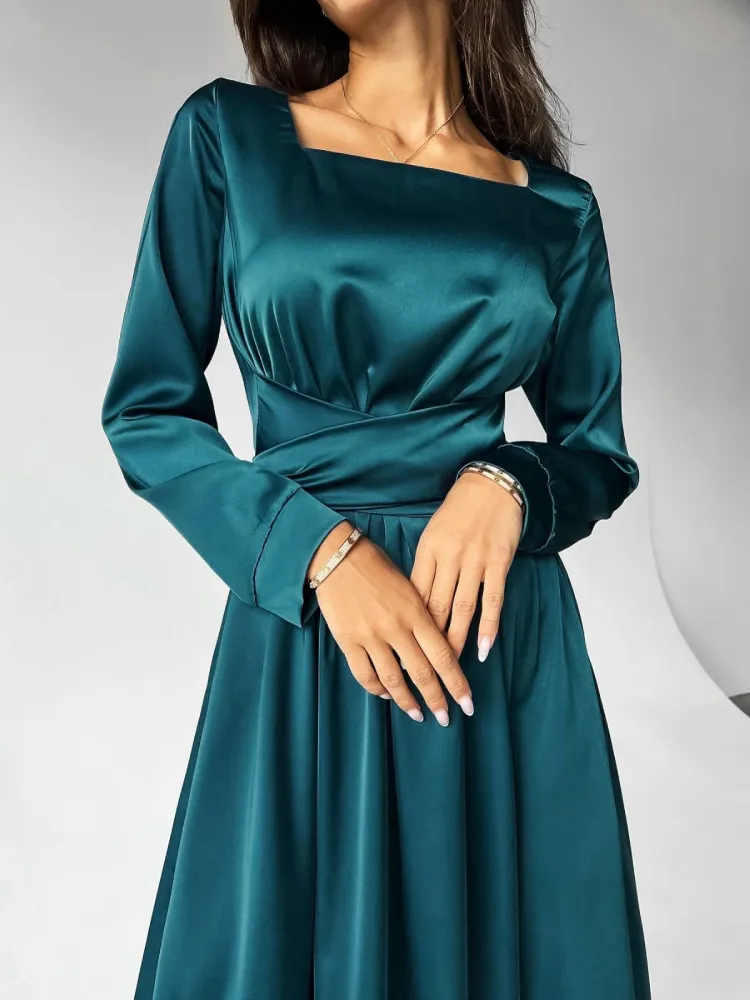 Elegant Satin Maxi Dress for Women with Belt and Square Collar,  Ankle-Length, Empire Silhouette from Dhgate Basic & Casual Dresses - price  51.04