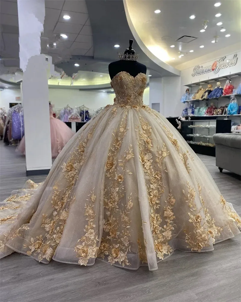 Princess Champagne Gold Quinceanera para meninas Apliques de miçangas de laço de espartilho vestidos de aniversário de baile vestido de 15 anos