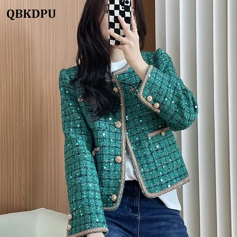 Womens Jackets Chic Design Sequins Green Plaid Tweed Cropped Jacket Women Korean Fashion Buttons Short Coat Vintage Luxury Chaquetas De Mujer 230223