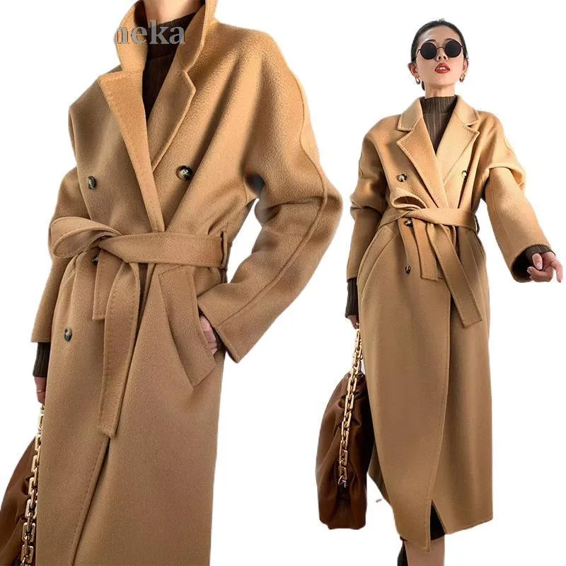 Vestes Femmes Hiver Water Ripple Cachemire Long Manteau Femmes Automne Lâche Double Boutonnage Trench Pardessus Femme De Luxe Laine Chaude Max 230223