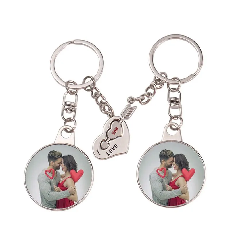 Sublimate Blank Couple Keychain Heat Transfer Printing Round Heart Keychain Pendant DIY Gift Keyring