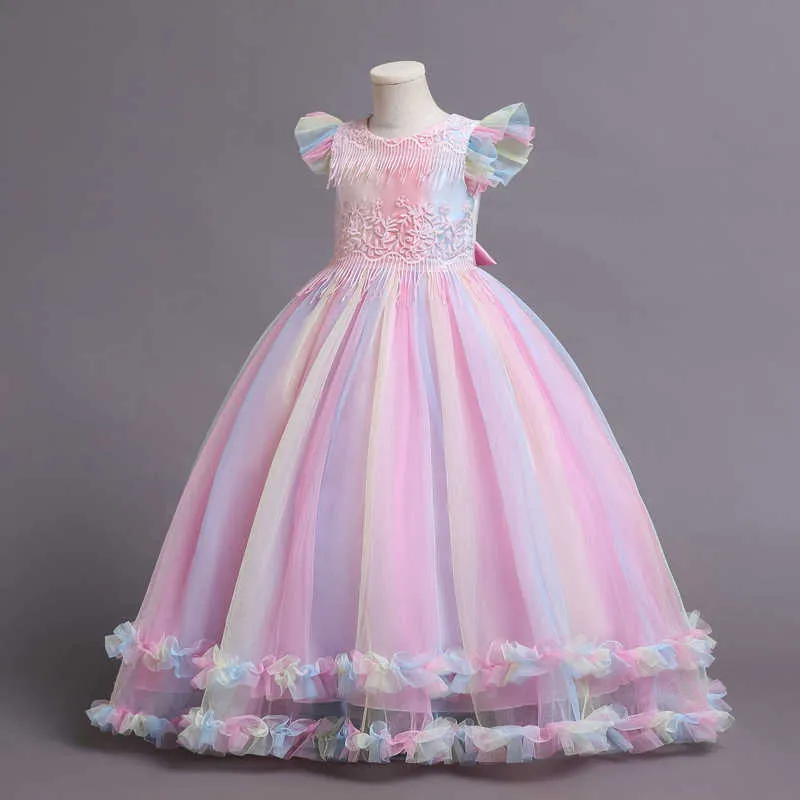 Flickas klänningar varje 2022 nya flickor eleganta nät prinsessor klänningar mode flue hylsa regnbåge bröllopsklänning barn långa tyllparty kläder z0223
