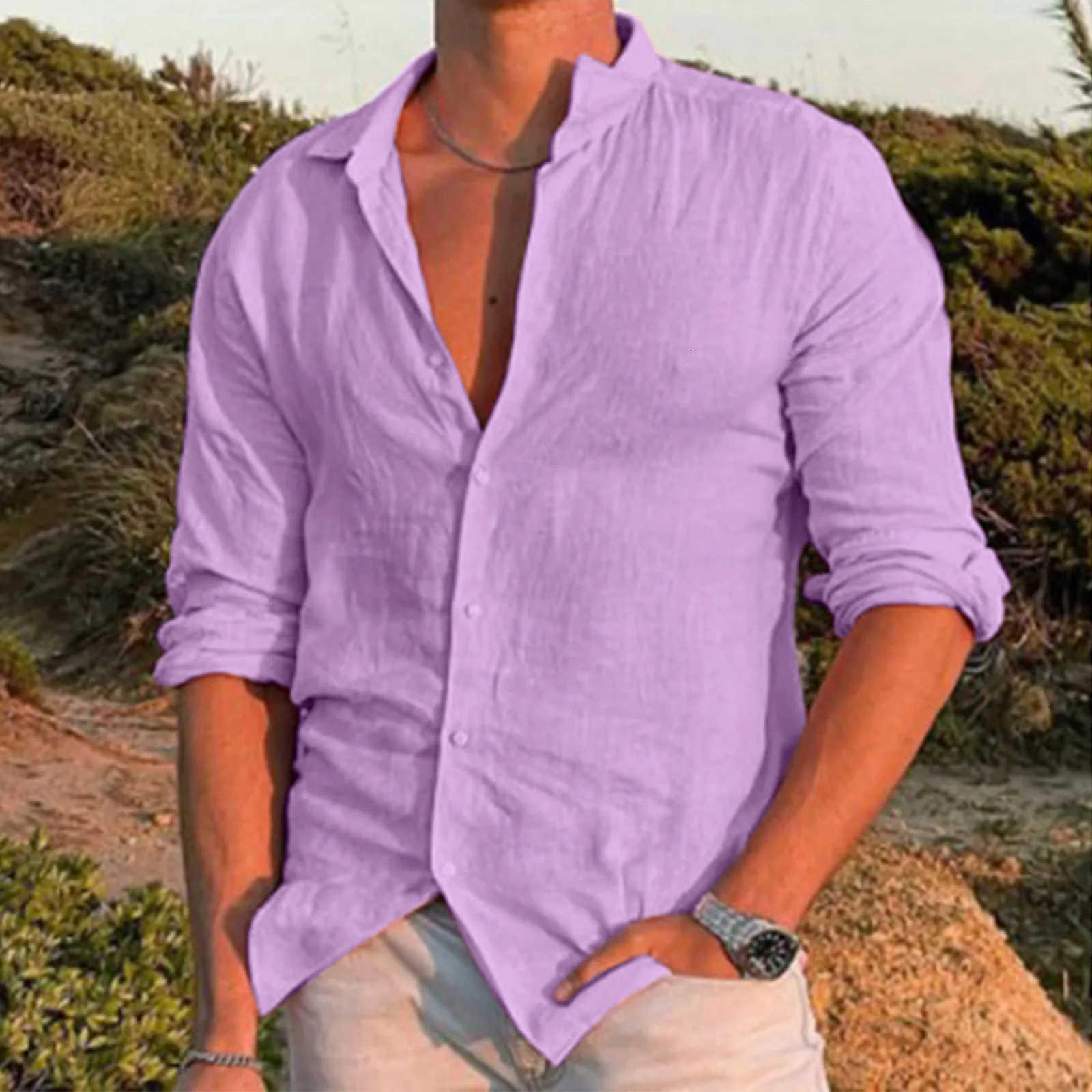 メンズカジュアルシャツ男性サマーコットンリネンシャツソリッドカジュアルカジュアルサイズのルーズロングスリーブトップメンドダウンカラーパープルシャツファッションBlusa 230223