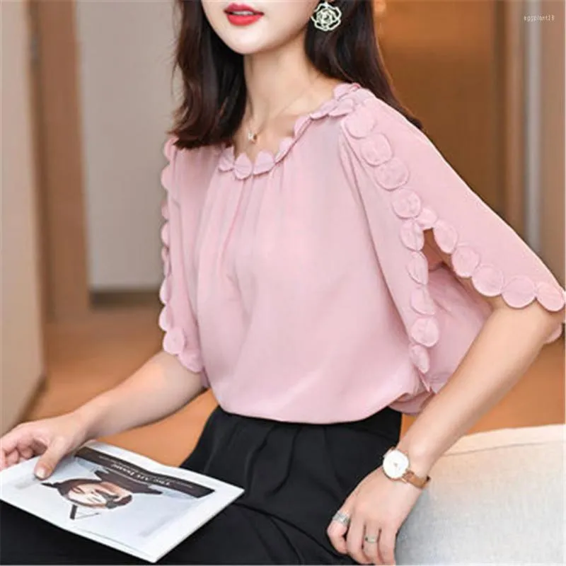 Women's Blouses Korean Women Spring Summer Style Chiffon Shirts Lady Casual O-Neck Short Flare Sleeve Pink Beige Blusas Tops