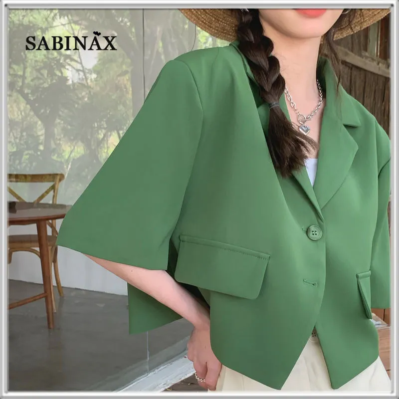 Damenanzüge-Blazer SABINAX Damen-Blazer Frühling Sommer Koreanisch drapiert einfarbig grün kurzärmeliger Anzug kurze Jacke schwarzer Mantel Damenbekleidung 230223