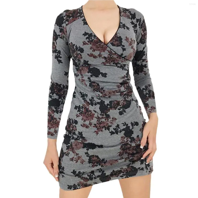 Casual Dresses Women nära passande klädkol Floral Tryckt mönster som kastar halsringning långärmad S/ M/ L