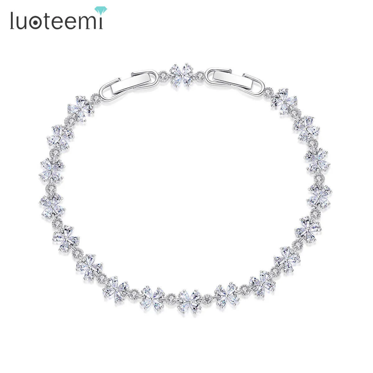 リンクチェーンLuoteemi Clear CZ Clover Clover Clover Tennis Luxury Flowers Wedding Bridal Fashion Accessories G230222の新機能