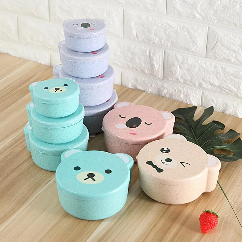 Dinnerware Sets 4pcs/Set Mini Cartoon Cute Kid Child Bento Box Plastic Wheat Straw Microwave Lunch School Picnic Travel SuShi Container