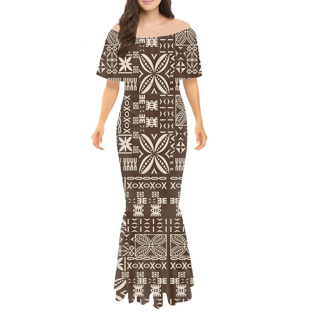 Casual Dresses Long Dress Elegant Bodycon Polynesian Tribal Clothing Brown Tongan Samoan Tapa Flower Print Custom Cocktails Dresses Women 230223