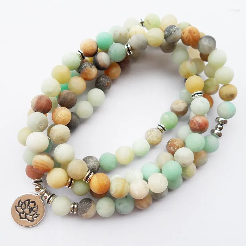 Strand 108beas Matte Amazonite Tasbih Prayer Beads Mala Bracelet Ancient Lotus Pendant Buddha Religion Yoga