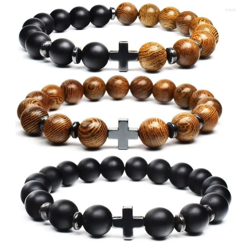 Strand Wood Bead Matte Black Stone Men Armband med Cross Charm Rosary Religious smycken gåva till pojkvän