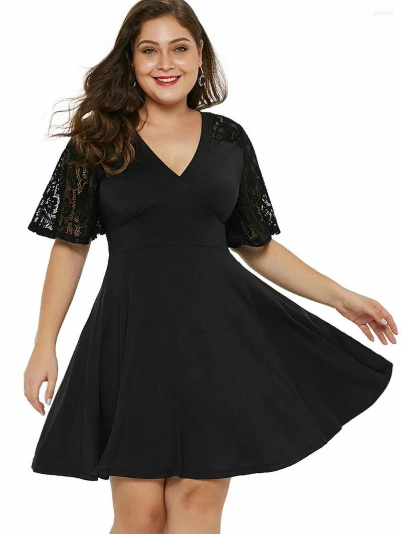 Casual Dresses Women Summer Dress Sexy V-neck Plus Size 5XL Lace Short Sleeve Gothic Black Knee Length Elegant Party Vestidos