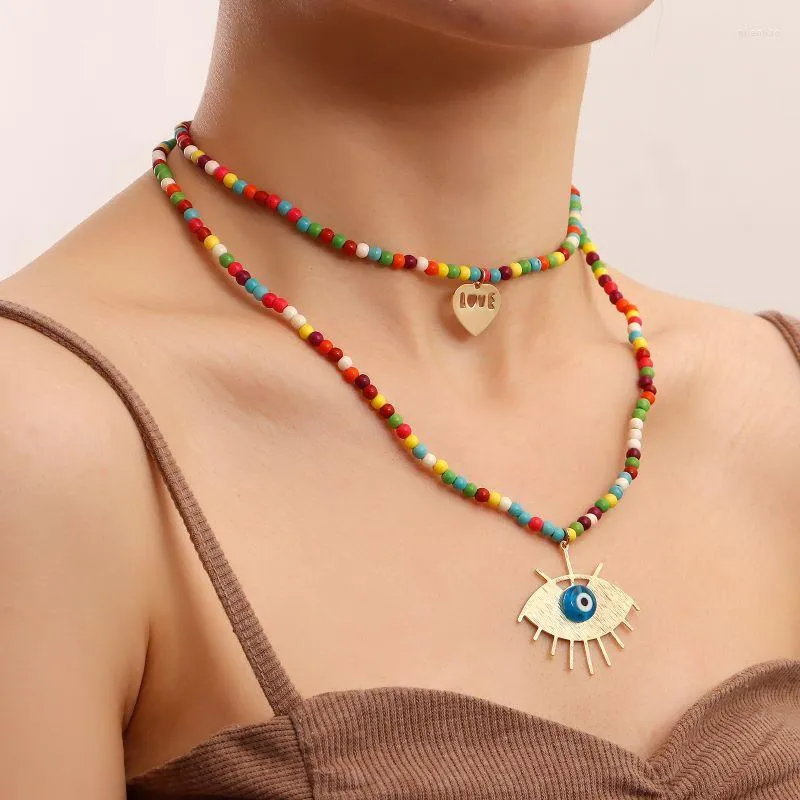 Girocollo Gioielli da donna personalizzati Collana in pietra naturale colorata Ciondolo occhio del diavolo con perline fatto a mano Bohemian a più livelli