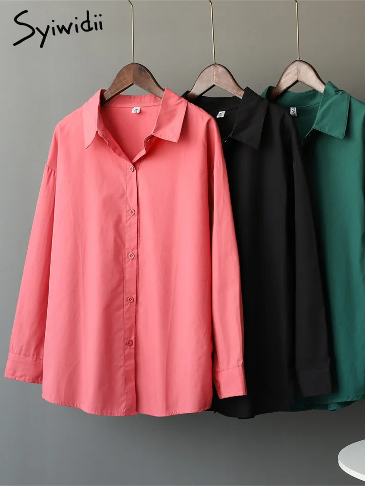 Women's Blouses Shirts Syiwidii Women's Shirt Black Blouses Button Up Shirt Pink Korean Fashion Black Tops Cotton 100% Vintage Green Office Shirts 230223