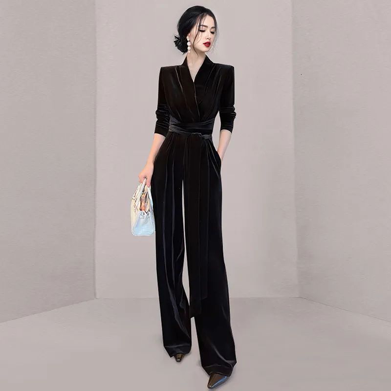 Elegant Velvet Jumpsuit for Women Autumn Winter Runway Style, V Neck,  High Waist, Wide Leg Romper with Belt, Evening Party Outfit