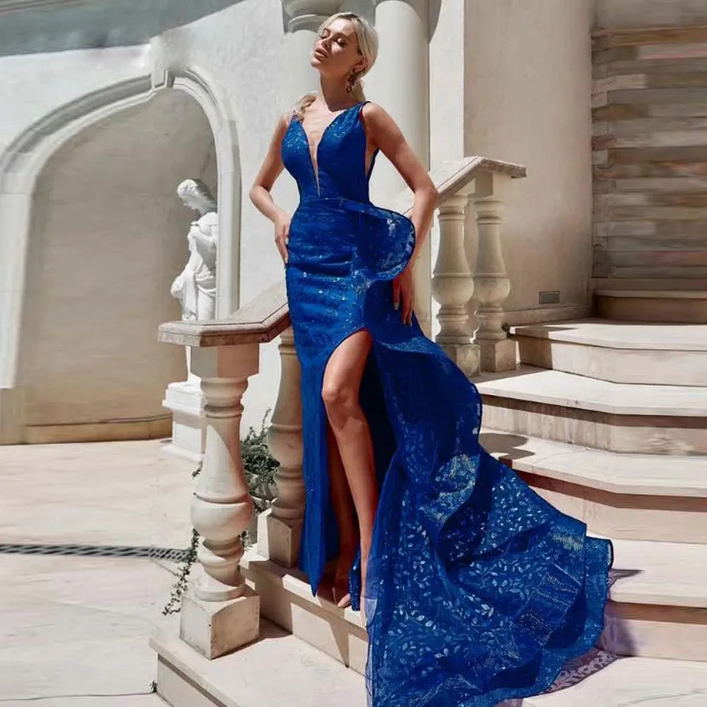 فريدة من نوعها Royal Blue Mermaid Evening Dresses Side Drishlsles Train Train Celebrity Virt