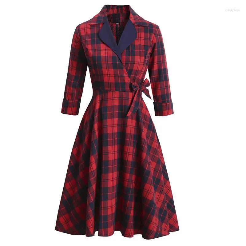 Casual Dresses Women Autumn 3/4 Sleeves Turn Down Collar Belt A-Line Office OL Vintage Dress Classic England Red Plaid Midi Party Jurken