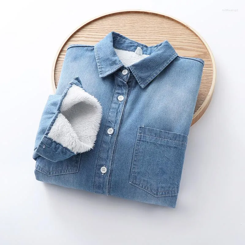 Women's Blouses Autumn Winter Thicken Fleece Denim Shirts Women Casual Loose Solid Color Long Sleeve Warm Blusas For Female Harajuku Tops