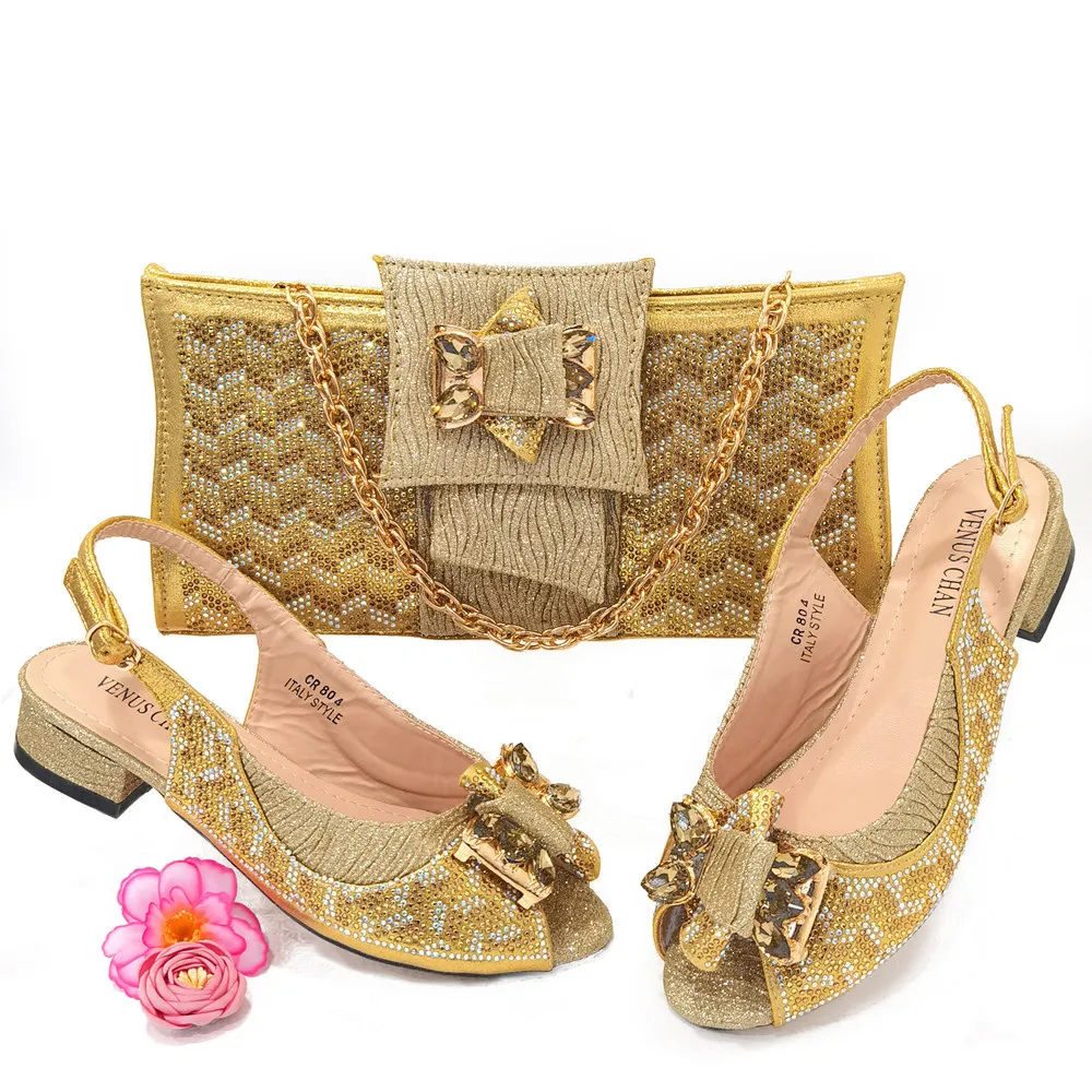 Dress Shoes 804-Gold Color shoes and bags to match fashion for Nigeria bag set women party 230223