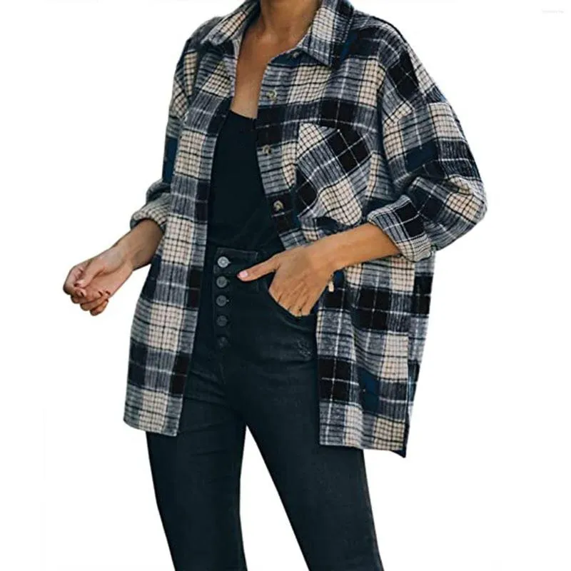 Vestes Femme Manteau Femme Classique Simple Poitrine Plaid Hiver Retrousser Manches Longues Revers Manteau Chemises Outwear Avec Poche Veste