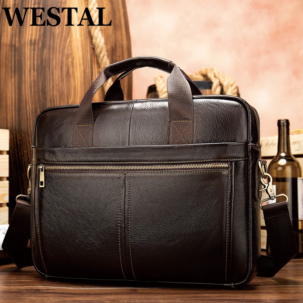 Bortkyror Westal Men's Briefscases Messenger Bag Men's äkta läder 14 '' Laptop Bag Man Leather Office Business Bags For Document 8572 230223