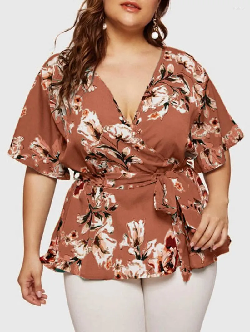 Women's T Shirts Women Tops Plus Size 5XL Flower Surplice Flutter Sleeve Belted Short V Neck Casual Boho Office Shirt Blusas