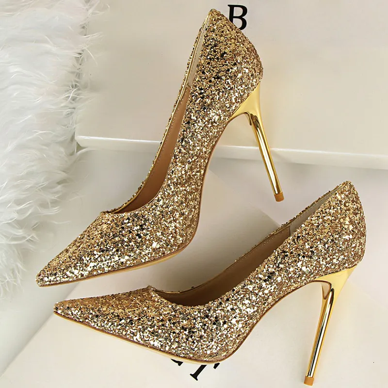 Отсуть обувь Женщины 7 см 9,5 см высотой каблуки с блестками блеск роскошные дизайнерские насосы плюс 43 свадебные свадебные золоты