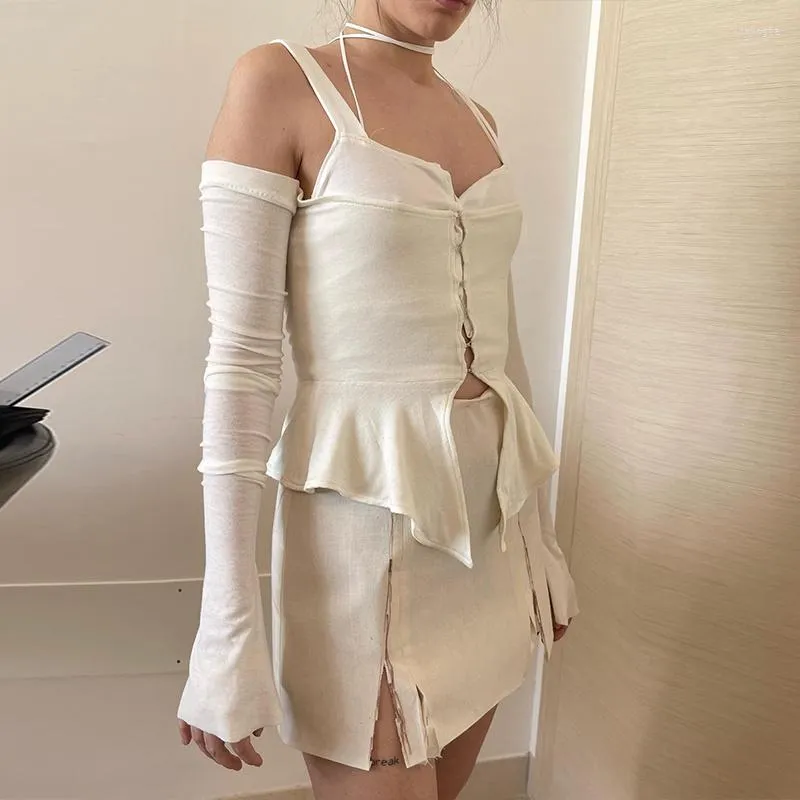 Halter solid off shoulder long sleeve blouse hotsell