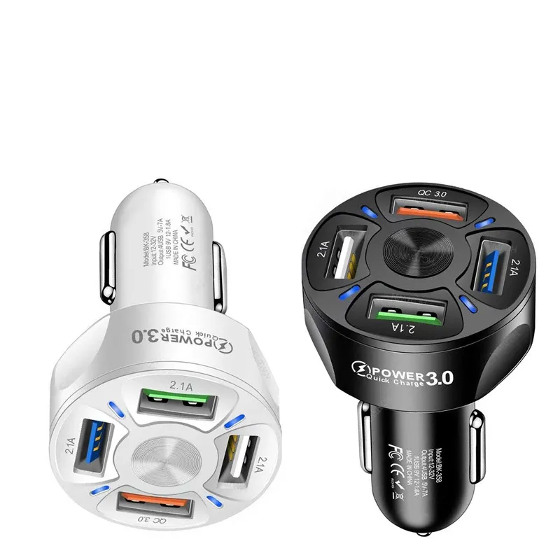 7A 빠른 충전 4 포트 USB 자동차 충전기 어댑터 QC 3.0 빠른 전화 충전기 어댑터 LED 조명 디스플레이 iPhone 14 13 Pro Max/12 Pro/11 Pro 용 유형