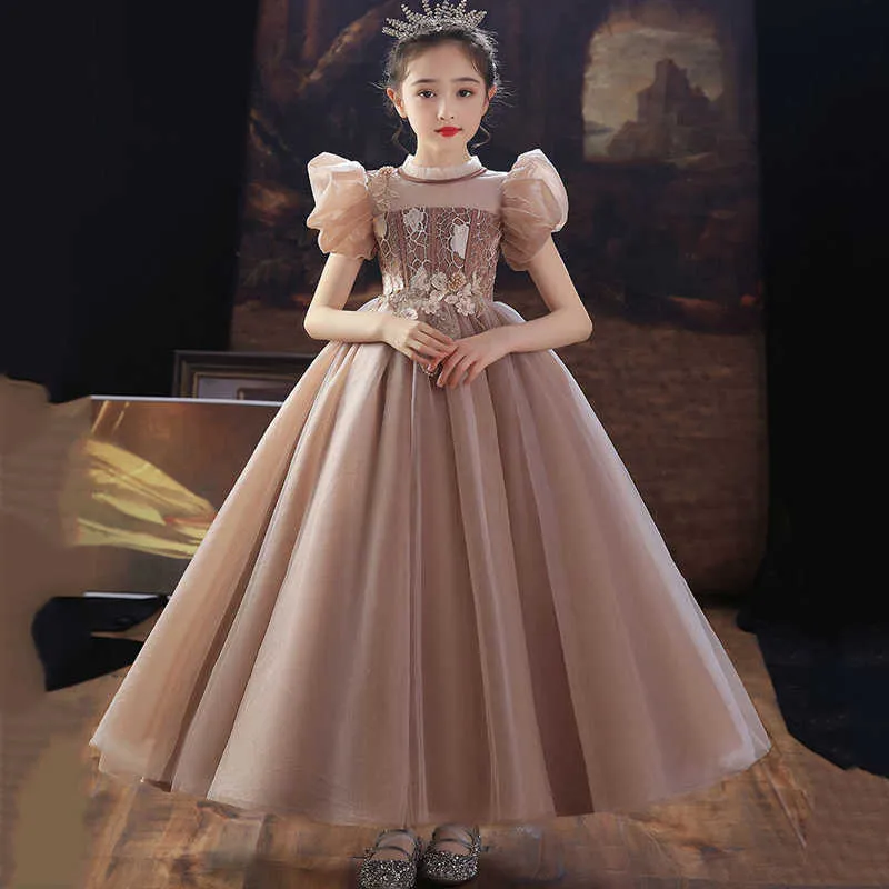 Flickas klänningar tonårsflickor prinsessan klänning barnkläder barn elegant puffhylsa spetsar mesh bollklänning dres flicka bröllop ceremoni klänningar z0223