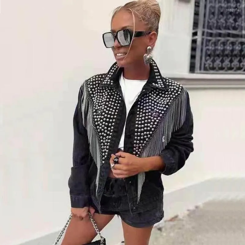 Women's Jackets DISCVRY Heavy Rivet Tassel Women's Denim 2023 Fashion Women Jean Coat Casual Ladies Streetwear Female