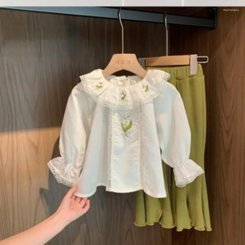 Clothing Sets Children 2023 Spring Autumn Girls Korean Style Clothes Set Lace Embroidery Doll Collar Shirt Green Pants Two Piece