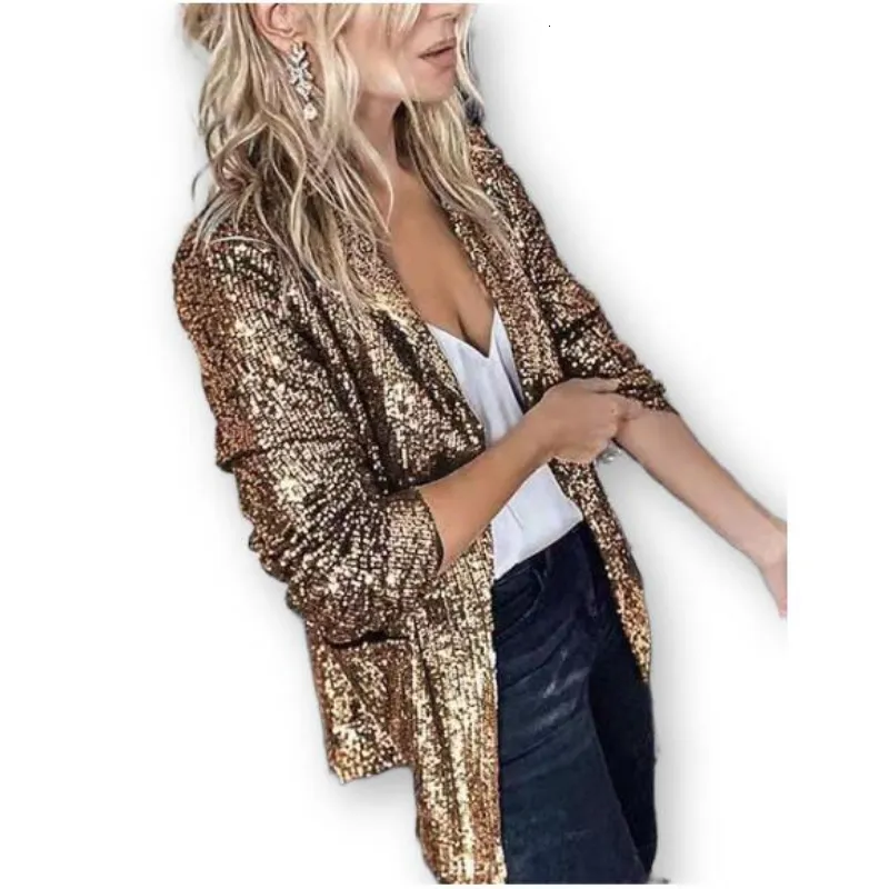 Damesjassen Spring Turn Down Collar onregelmatige lovertjes Mini Suit jas Mesh Splitte kralen Blazers ol Cardigan Lange mouwen Crop Tops 230222