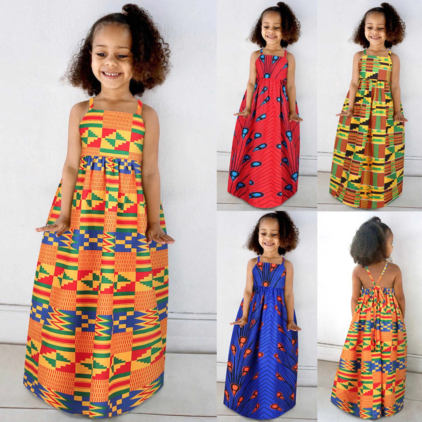 女の子のドレス女の子の服子供の女の子の女の子アフリカンダシキ伝統的なスタイルのノースリーブストラップドレスアンカラプリンセスバックレスドレス衣装Z0223
