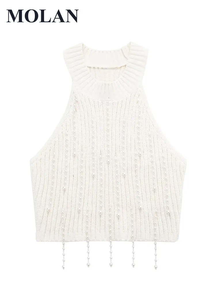 Women's Blouses Shirt Fringe Pearl Woman Knit Crop Sleeveless Cropped Vintage Halter Neck Fashion Female Chic Tops 230223