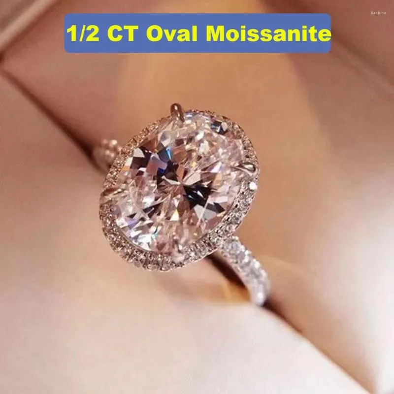 Cluster Rings 1/2 D Color Real Oval Moissanite For Women Wedding Platinum Plated 925 Sterling Silver Diamond Jewelry 2023