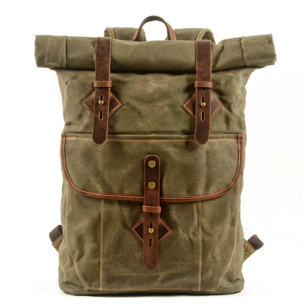 Sırt çantası tarzı erkekler Amerikan rulosu üst sırt çantası yağ balmumu tuval cowhide büyük kapasiteli açık seyahat yürüyüş çantası 221015