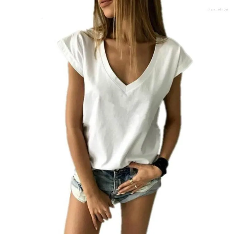 女性用Tシャツ夏のシャツ女性vネックルーズルーズTシャツカジュアルセクシーなカミゼタスフェミニナレディートップス
