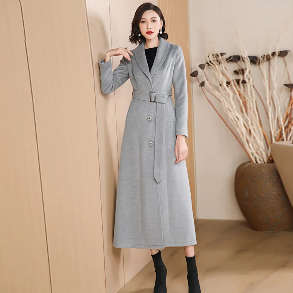 Women's Jacket Gray Long Woolen Coat Spring Autumn Fashion Turndown Collar Single Breasted Elegant Slim Wool Blends Overcoat Female 230223