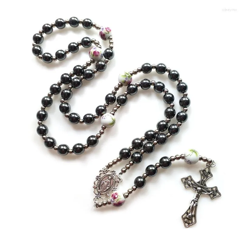 Collares colgantes QIGO Rosario católico Vintage Hematite Beads Strand Collar Cristo Jesús Cruz Religiosa Orar Joyería para mujeres Hombres