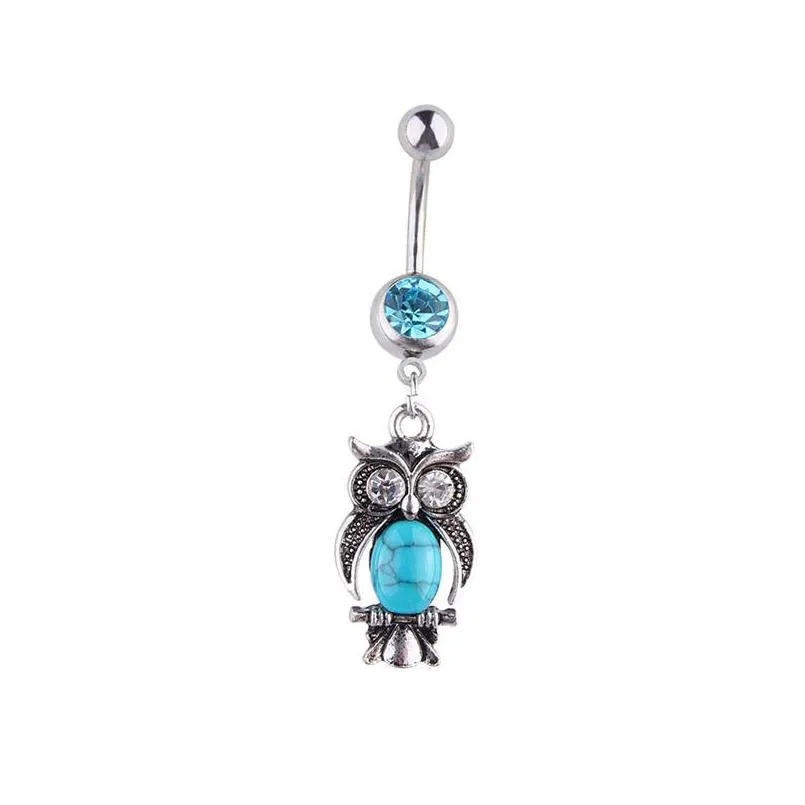 Navel Bell -knappringar D0696 1 Färg Owl Artikel Aqua. Belly Ring Piercing Body Jewlery 1.6x11x5/8 Drop Delivery Jewelry Dhgarden Dhckx