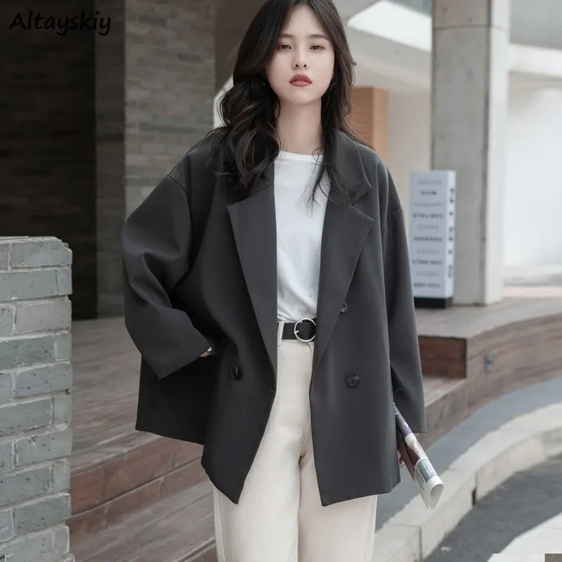 女性のスーツブレザーブレイザーズウーマンカジュアルデイリーファッションオフィスレディ秋の韓国スタイルシンプルインシソリッドロングスリーブベーシックオールマッチレトロルーズ230223