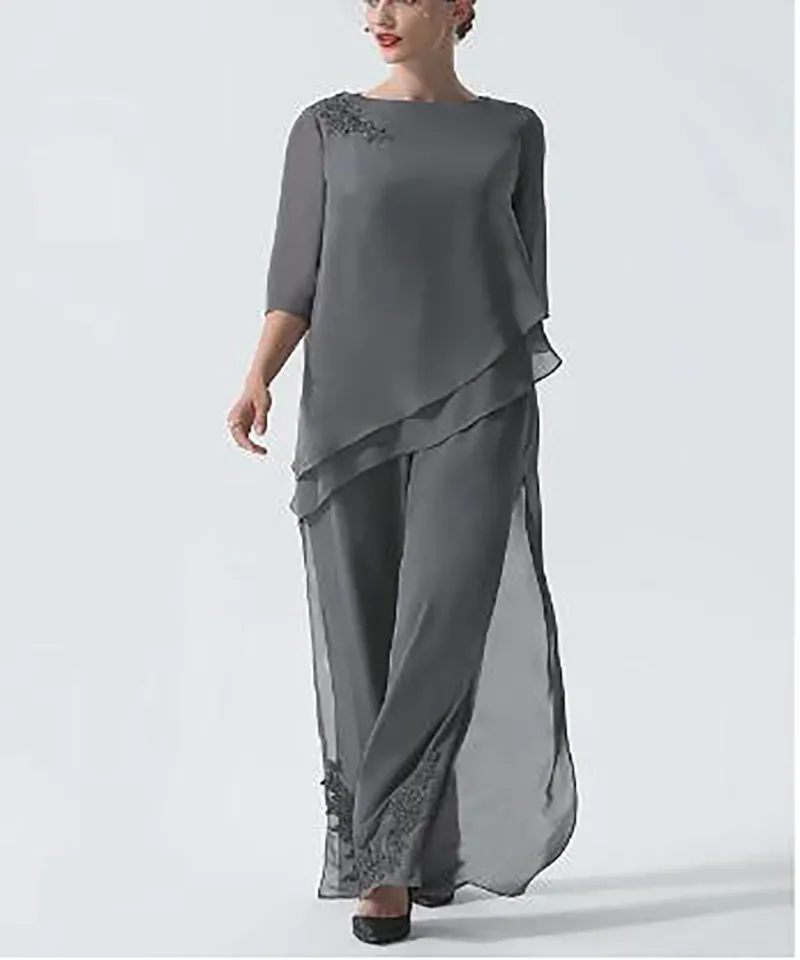 Elegant Grey Mother Of The Bride Pants Suits Chiffon Wide Trousers Half Sleeves Jewel Neck Wedding Party Gowns Stylish Groom Mom Formal Dresses Custom Made