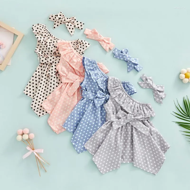 Ensembles de vêtements Toddle Girls' Dress Lovely Suits Summer Casual Dots Imprimé Épaules inclinées Volants Ourlet irrégulier avec ceinture Bandeau