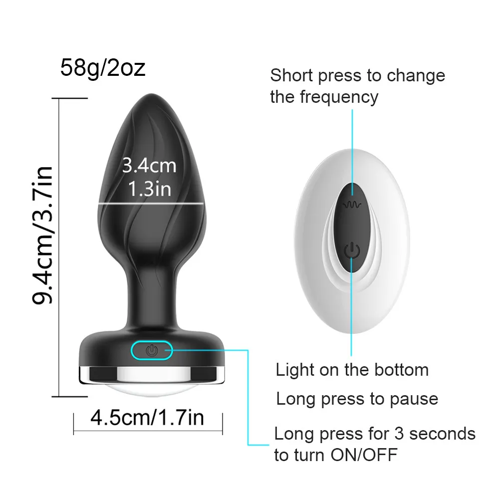 Giocattoli anali Plug vibratore con luce colorata telecomando senza fili massaggiatore della prostata stimolatore del punto G di testa S_voghion.com