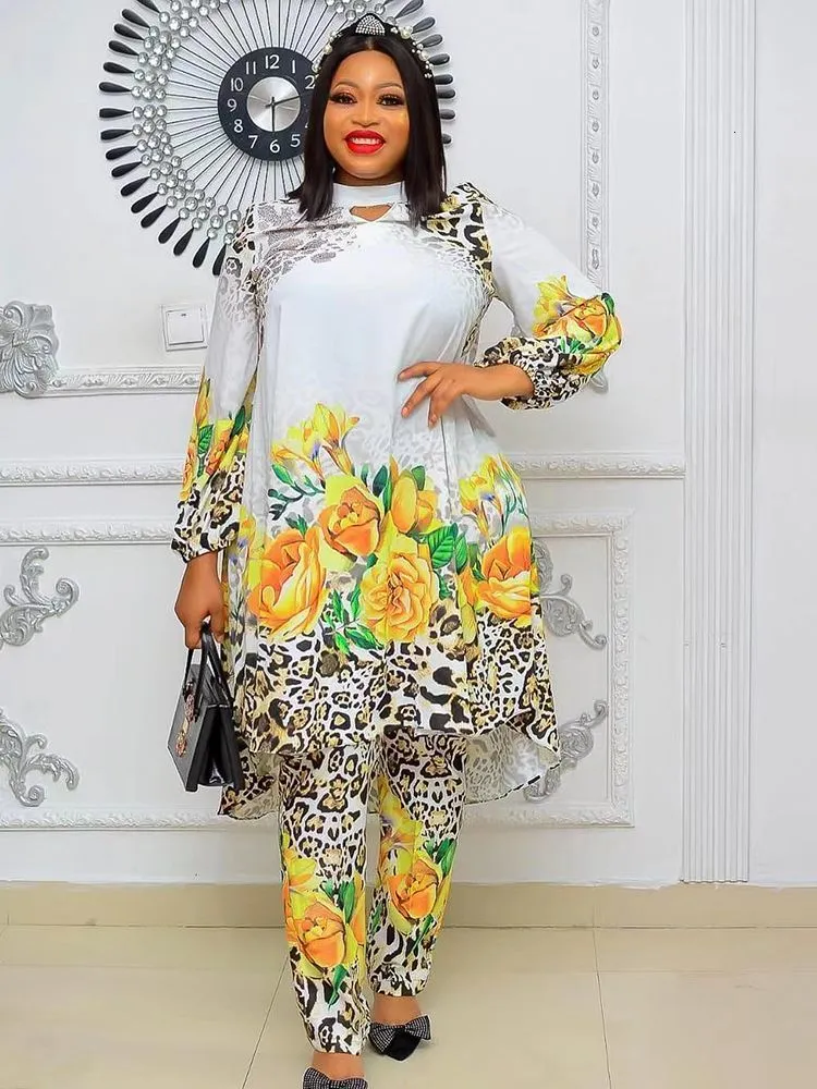 Etniska kläder 2 -stycken Set Plus Size Clothes Women Dashiki African Summer Chiffon Print Tops Pants Byxor Suits ANKARA Party Outfits 230223